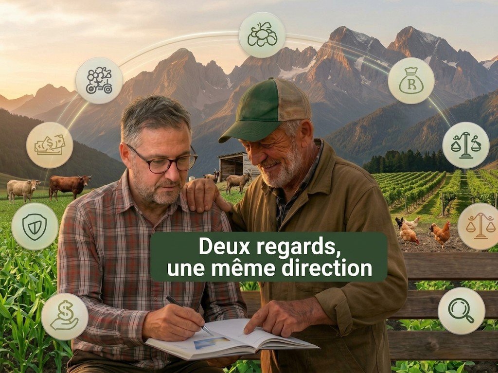 Un conseiller et un agriculteur étudient ensemble un dossier, devant les Pyrénées